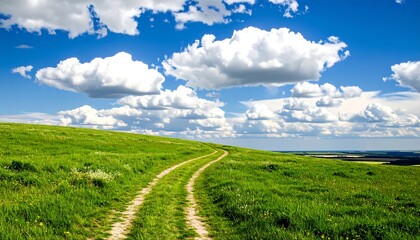 Green grassy path leads up a hill, with a puffy blue sky and cloud backdrop