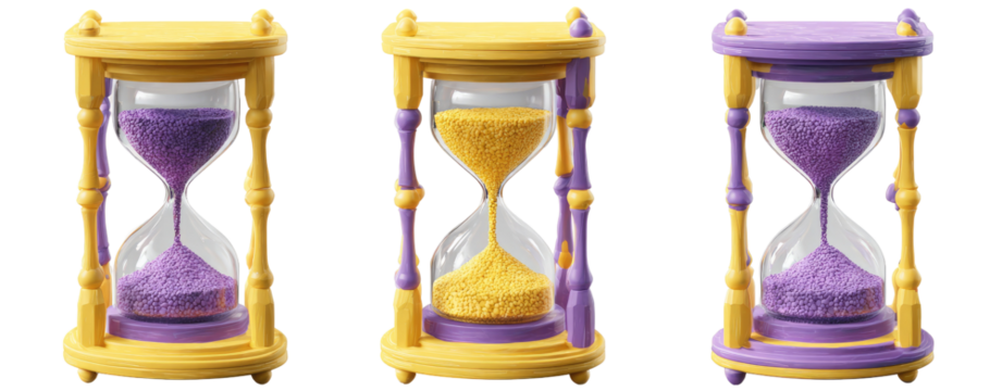 Three hourglasses, yellow and purple