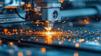 A modern industrial laser cutting machine precisely cuts a metal sheet, creating bright sparks and a focused light beam during the manufacturing process.