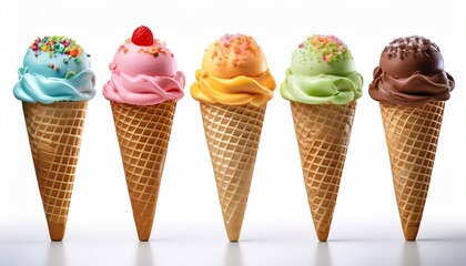 five colorful ice cream cones with toppings on white background sweet treat