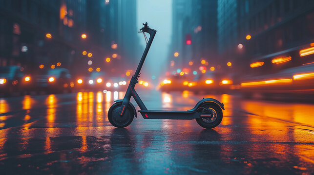 An electric scooter stands alone on a wet city street at night, reflecting vibrant urban lights and blurred traffic. - Powered by Adobe