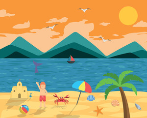Summer Beach Landscape Illustration Art - Redhead Boy in a Beautiful Sunny Beach with Orange Sunset Sky.