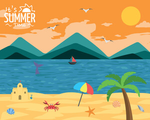 It's Summer Time, Beach Landscape Illustration Art - Beautiful Sunny Beach with Orange Sunset Sky. Coconut Tree, Crab, Shells, Parasol, Seagulls and more.