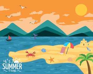 It's Summer Time, Beach Landscape Illustration Art - Beautiful Sunny Island with Blue Sky. Coconut Tree, Crab, Shells, Parasol, Seagulls and more.