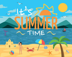 It's Summer Time Logo on Beach Landscape Illustration Art - Brow Girl in a Beautiful Sunny Beach with Blue Sky.