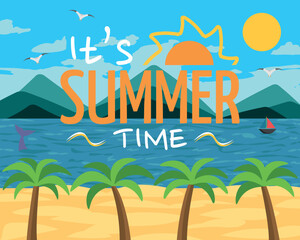 It's Summer Time Logo on Beach Landscape Illustration Art - Beautiful Sunny Beach with Palm Trees and Blue Sky.
