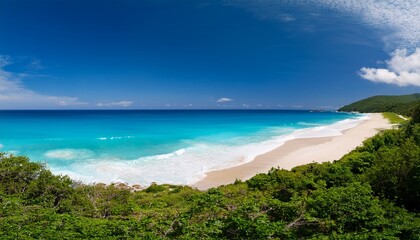 panoramic coastal scene with vibrant blue waves serene sands and verdant foliage with generative ai