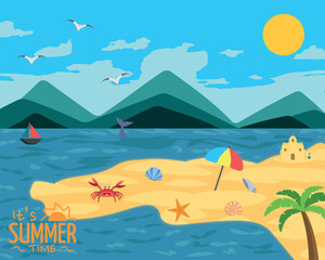 It's Summer Time, Beach Landscape Illustration Art - Beautiful Sunny Island with Blue Sky. Palm Tree, Crab, Sand Castle, Shells, Dolphin and more.