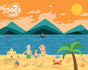 It's Summer Time, Beach Landscape Illustration Art - Father, Mother and a Child Boy in a Beautiful Sunny Beach with Orange Sunset Sky.