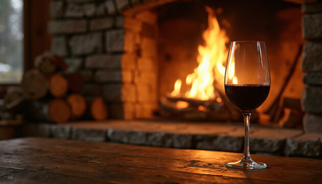 Glass of Wine by Fireplace with Burning Firewood