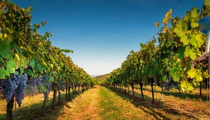 Obraz premium sun drenched rows of ripe grapes hanging heavy on the vine ready for harvest lush green foliage frames the perfect vineyard scene vineyard landscape foliage
