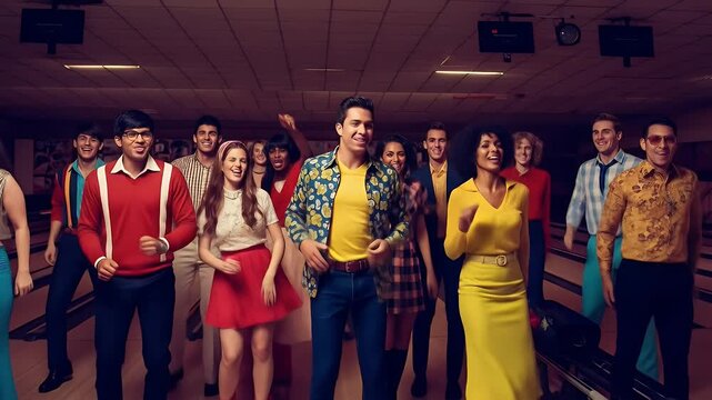 Cheerful people in retro outfits pose at bowling alley, smiling