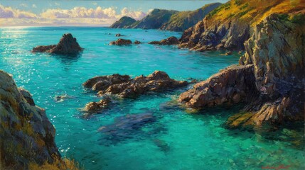 Coastal scene, sunlit turquoise water, rocky shore