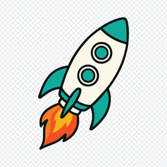 Cartoon Rocket Launch Illustration – Teal and White Spacecraft with Flame Trail on Light Background and vector, water, illustration, drop, character, icon, funny, face, symbol, smile, logo, fish.
