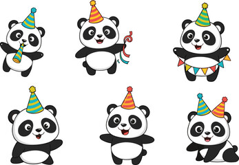 Cute cartoon pandas in party hats celebrating birthday, festive animal characters, panda party vector illustration, kids celebration clipart design.