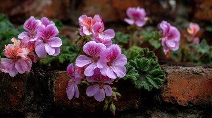 Delicate pink geraniums clinging to a brick wall