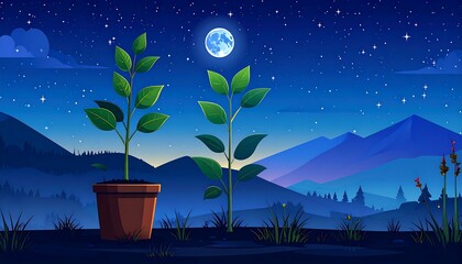 Plants in a pot under a moonlit sky