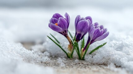 Three delicate purple crocus blooms emerge from a bed of snow