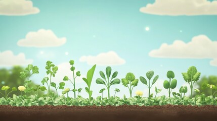 Vibrant young plants growing in rich soil against a bright blue sky with fluffy clouds.