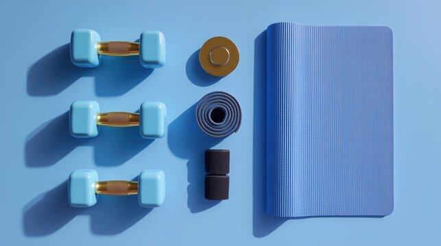 Flat Lay of Gym Dumbbells, Yoga Mat, Resistance Bands on Light Blue Background - Powered by Adobe