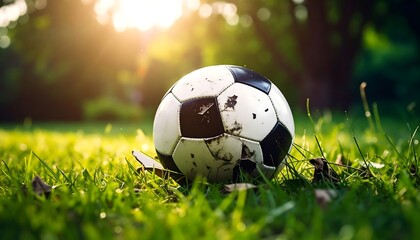 Soccer ball with park, sunset, and grass.