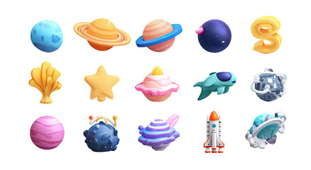 Collection of colorful space themed icons