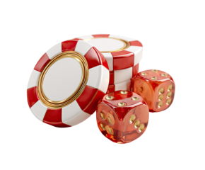 Red and white casino chips and dice