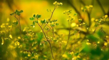 Obraz premium Warm sunlight bathes delicate wildflowers and clover in a lush green meadow, gentle blur and vibrant color evoke calm and renewal, ideal for wellness, eco brands, and spring campaigns.