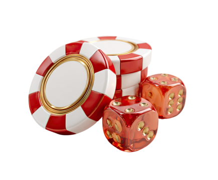 Red and white casino chips and dice