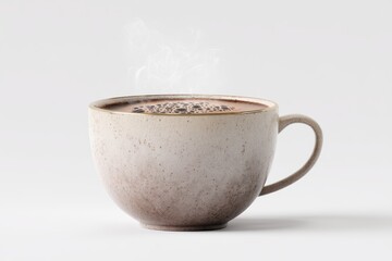 Steaming beverage in a rustic mug, isolated on white.  For hot drink ads