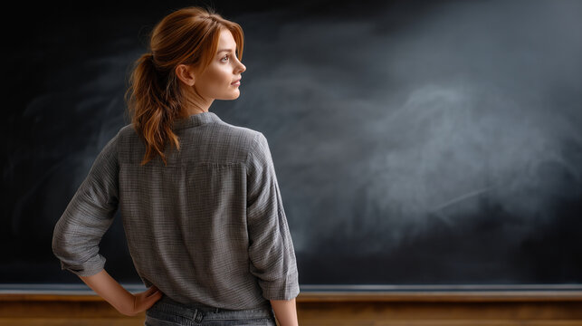 A teacher stands by a blackboard, the educational scene illuminated by gentle light. Teacher, blackboard, with copy space