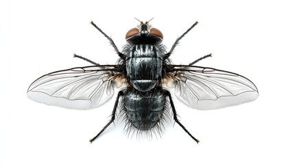 Close-up of a fly, wings outstretched, dark blue-grey body