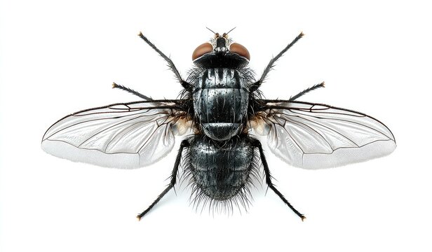 Close-up of a fly, wings outstretched, dark blue-grey body