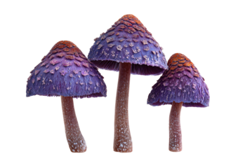 Close-up of three vibrant purple mushrooms