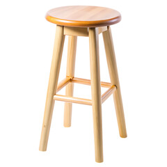 A simple wooden bar stool with four legs and a round seat isolated on transparent background