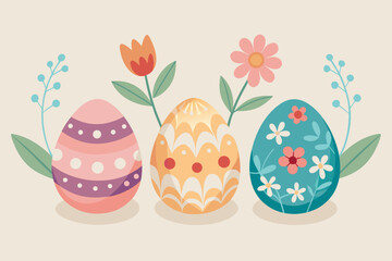 Joyful Easter eggs adorned with vibrant floral patterns and delicate spring branches create a festive and celebratory atmosphere perfect for holiday greetings and seasonal designs.