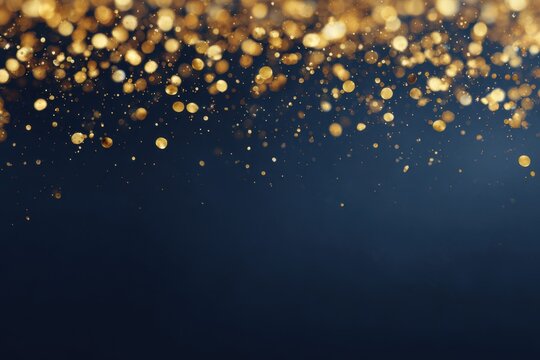 Blue sparkle glitter blurred background with Golden Confetti Dust. Glittering sequins wall. Creative bright vibrant color backdrop. Shiny lights wallpaper for ads, gifts wrap, web design. Blank Banner