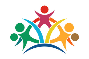 Vibrant community celebrating unity and connection with colorful abstract figures forming a dynamic circle of support and teamwork, showcasing collaboration and togetherness