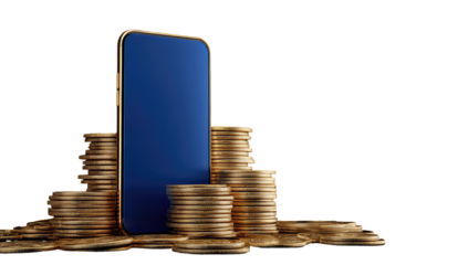 Smartphone atop a stack of gold coins