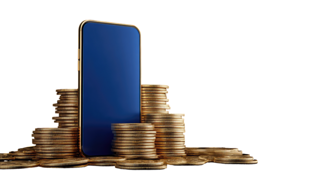 Smartphone atop a stack of gold coins
