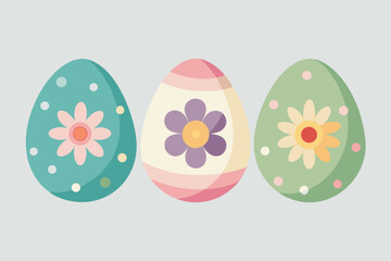 Delightful collection of three vibrantly decorated Easter eggs featuring floral patterns and playful polka dots, perfect for spring celebrations and festive design projects.