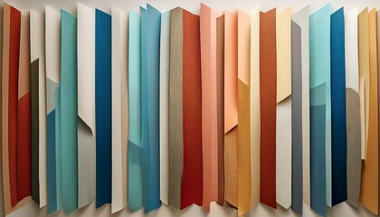 colorful abstract art installation with vertical layers of paper and various textures and tones