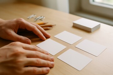 Hands Arranging Blank Flashcards on Wooden Desk with Pencils and Paperclips in Natural Daylight