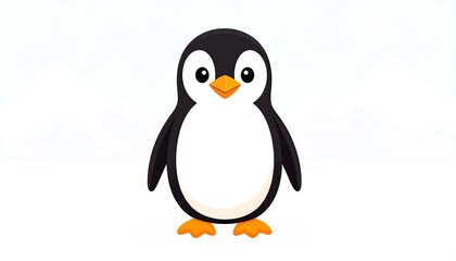 Naklejka premium Cartoon penguin illustration standing against a white, snowy, mountain backdrop