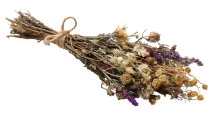 Bouquet of dried wildflowers tied with twine on white background. 