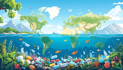 Artistic depiction of Earth, split between above and below water, showcasing land and ocean pollution
