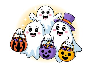 Obraz premium Cute cartoon ghosts holding halloween candy buckets with happy expressions