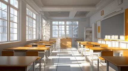 Fototapeta premium Bright Airy Classroom Design Featuring Large Windows, Natural Light, and Realistic 3D Textures