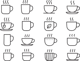 Collection of Minimalist Coffee and Tea Cup Icons with Steam