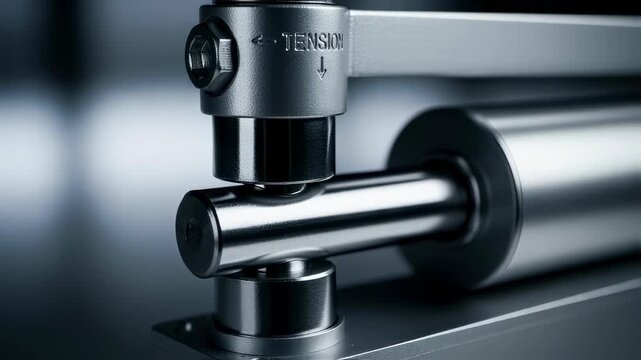 Macro shot of pneumatic door closer tension set piston rod compressing illustrating the mechanism that controls door resistance and closure force.